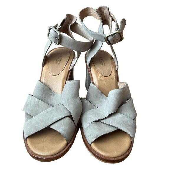 UGG Sandra Taupe Nubuck Heeled Ankle Strap Sandals Size 11 - Picture 3 of 7
